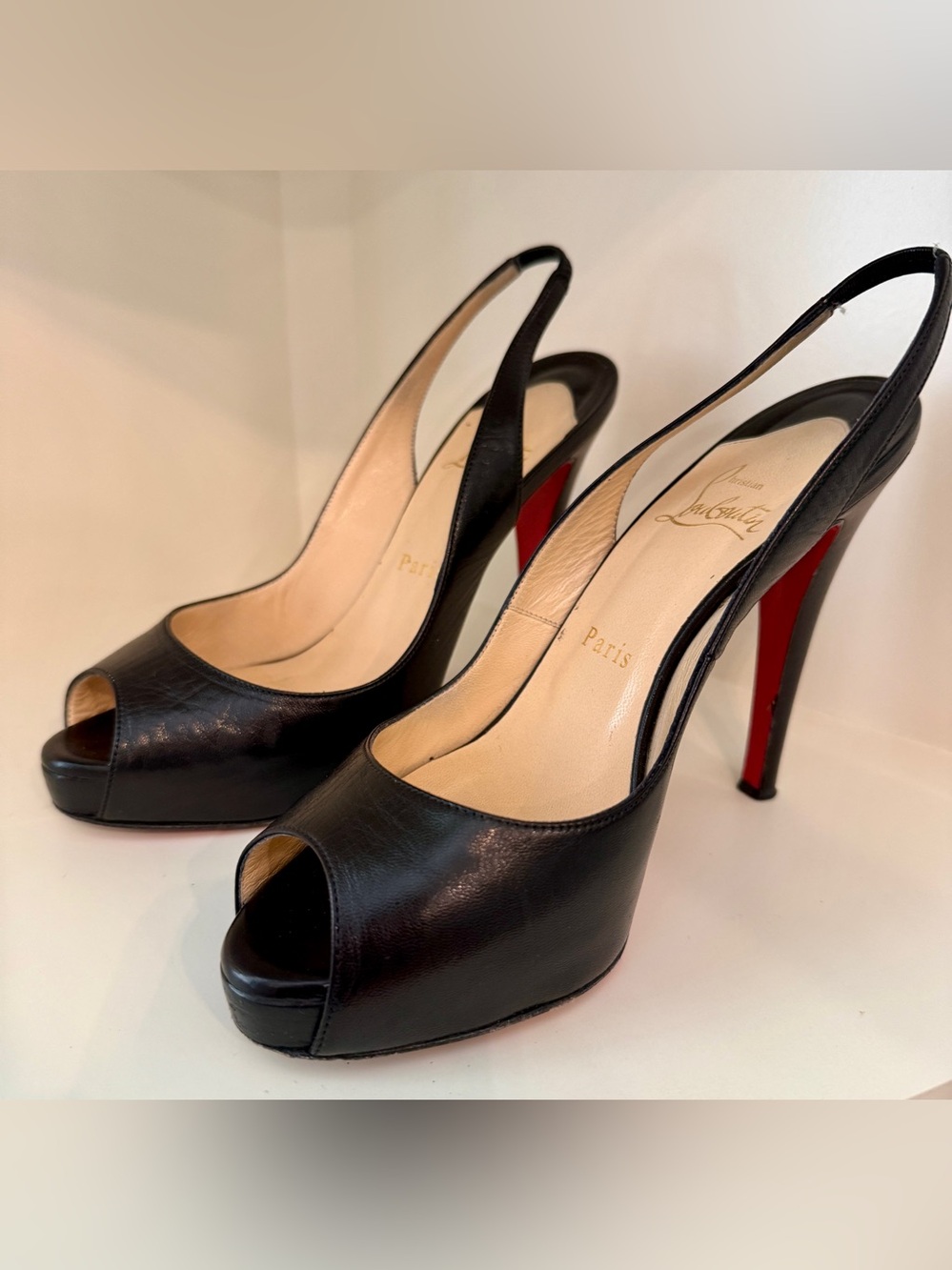 Christian Louboutin Black Peep Toe Slingback Heels - 37